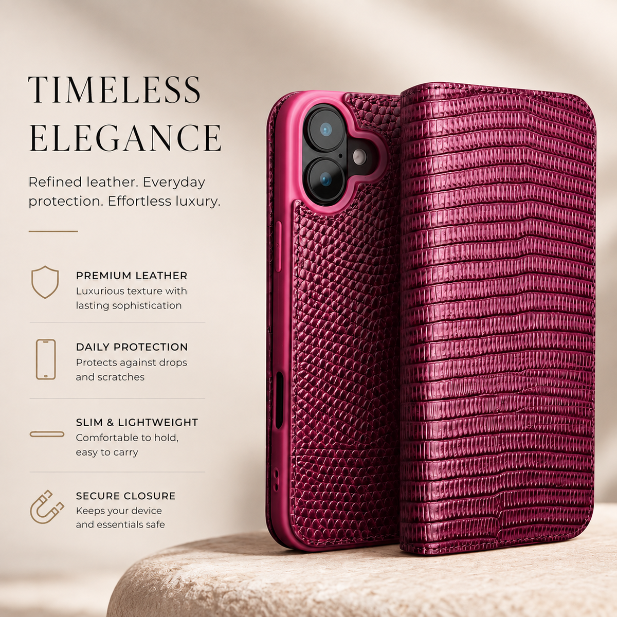Premium iPhone Case Genuine Lizard Leather Flip Wallet Cover Magnetic Closure Kickstand Shockproof Full Body Protection Card Holder Slim Elegant Design
