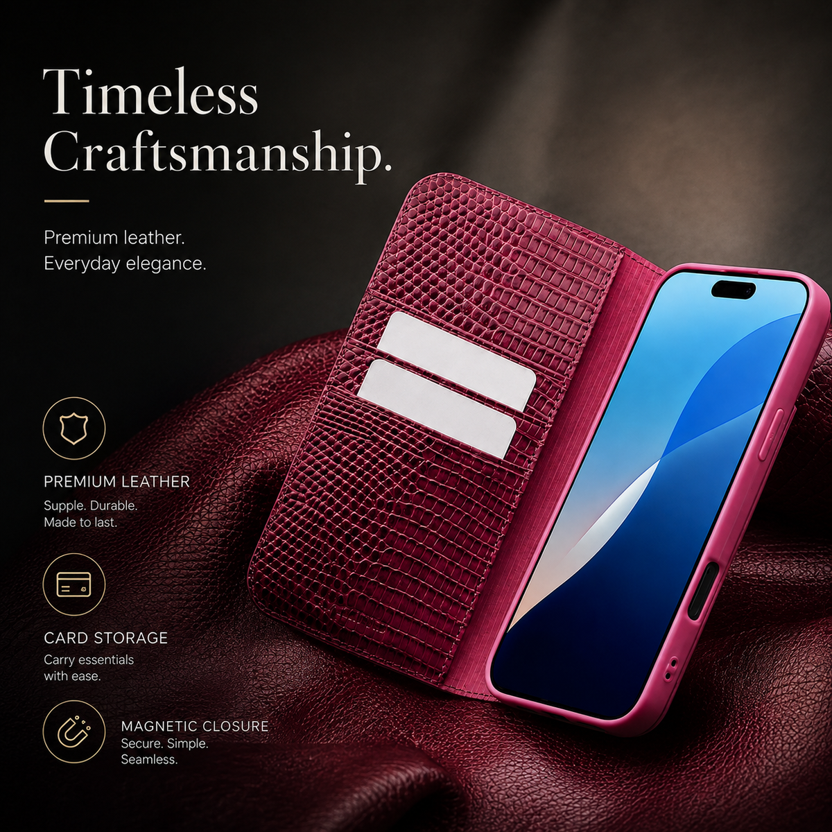 Premium iPhone Case Genuine Lizard Leather Flip Wallet Cover Magnetic Closure Kickstand Shockproof Full Body Protection Card Holder Slim Elegant Design