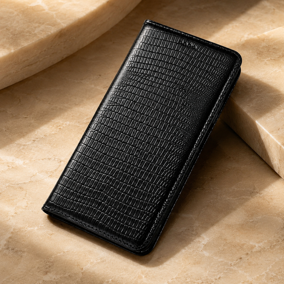 Premium iPhone Case Genuine Lizard Leather Flip Wallet Cover Magnetic Closure Kickstand Shockproof Full Body Protection Card Holder Slim Elegant Design