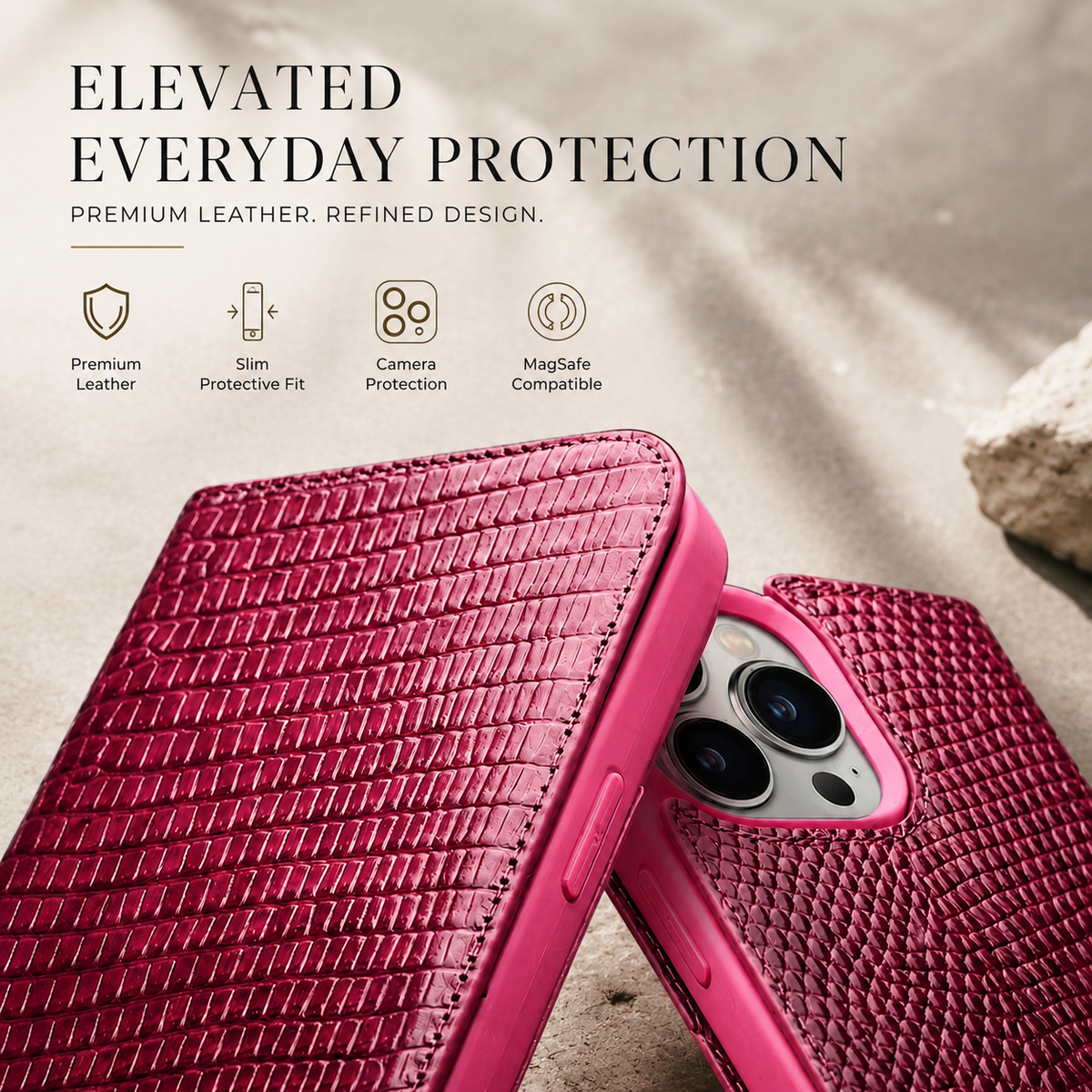 Premium iPhone Case Genuine Lizard Leather Flip Wallet Cover Magnetic Closure Kickstand Shockproof Full Body Protection Card Holder Slim Elegant Design