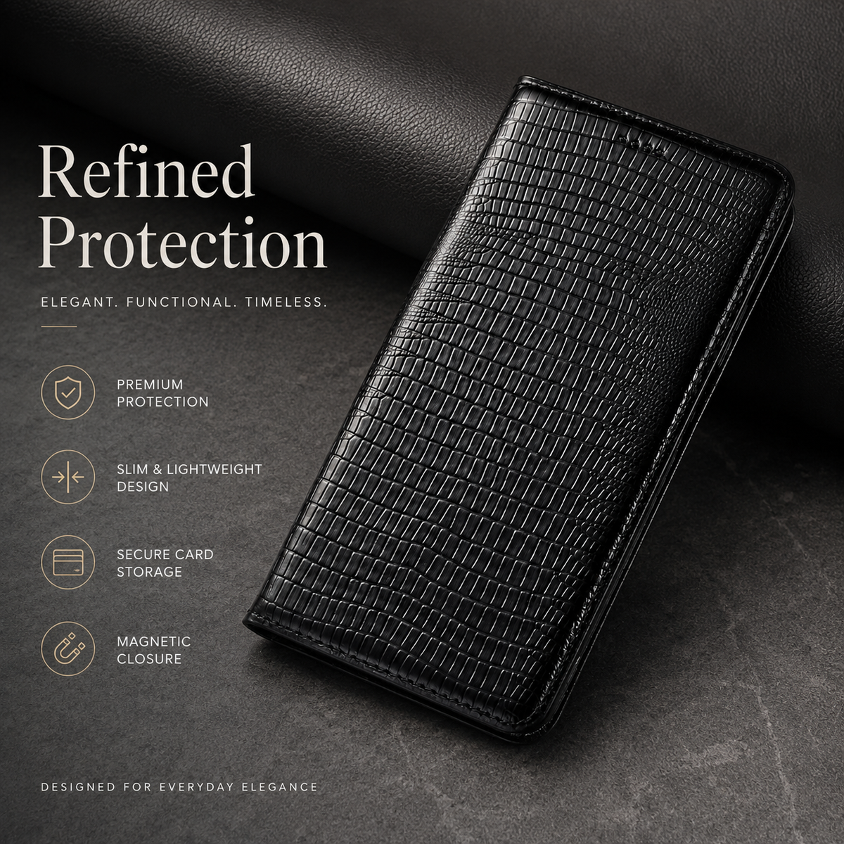Premium iPhone Case Genuine Lizard Leather Flip Wallet Cover Magnetic Closure Kickstand Shockproof Full Body Protection Card Holder Slim Elegant Design