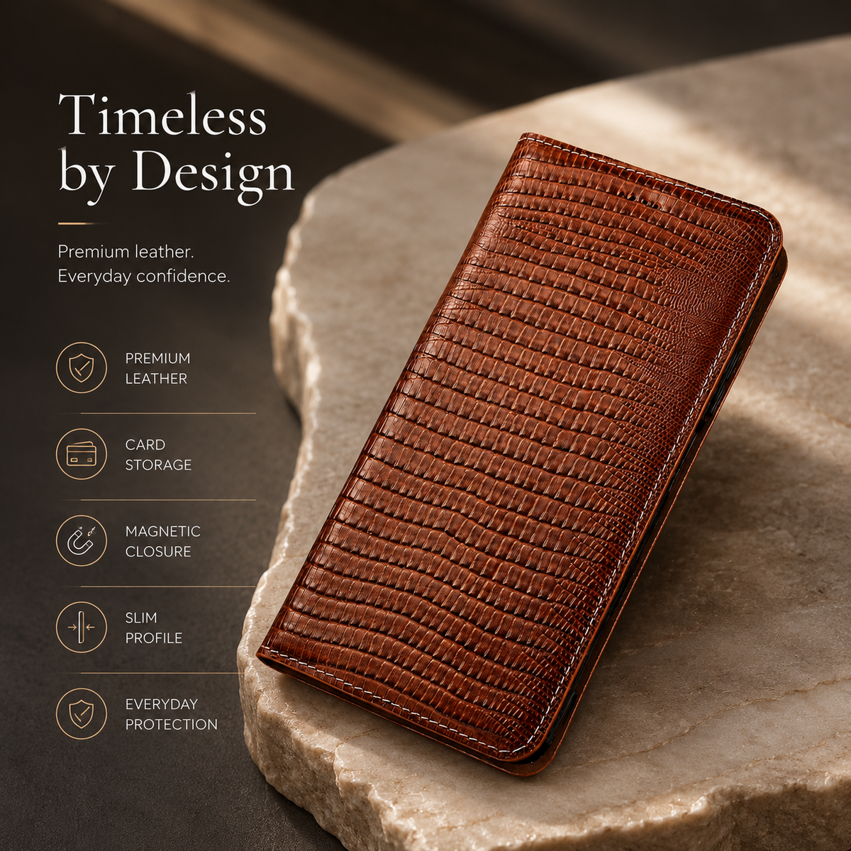 Premium iPhone Case Genuine Lizard Leather Flip Wallet Cover Magnetic Closure Kickstand Shockproof Full Body Protection Card Holder Slim Elegant Design