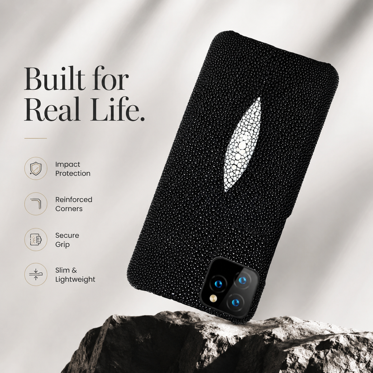 Premium iPhone Case Genuine Stingray Leather Shockproof Protective Cover Anti Fingerprint Anti Scratch Dustproof Non Slip Slim Lightweight Handmade