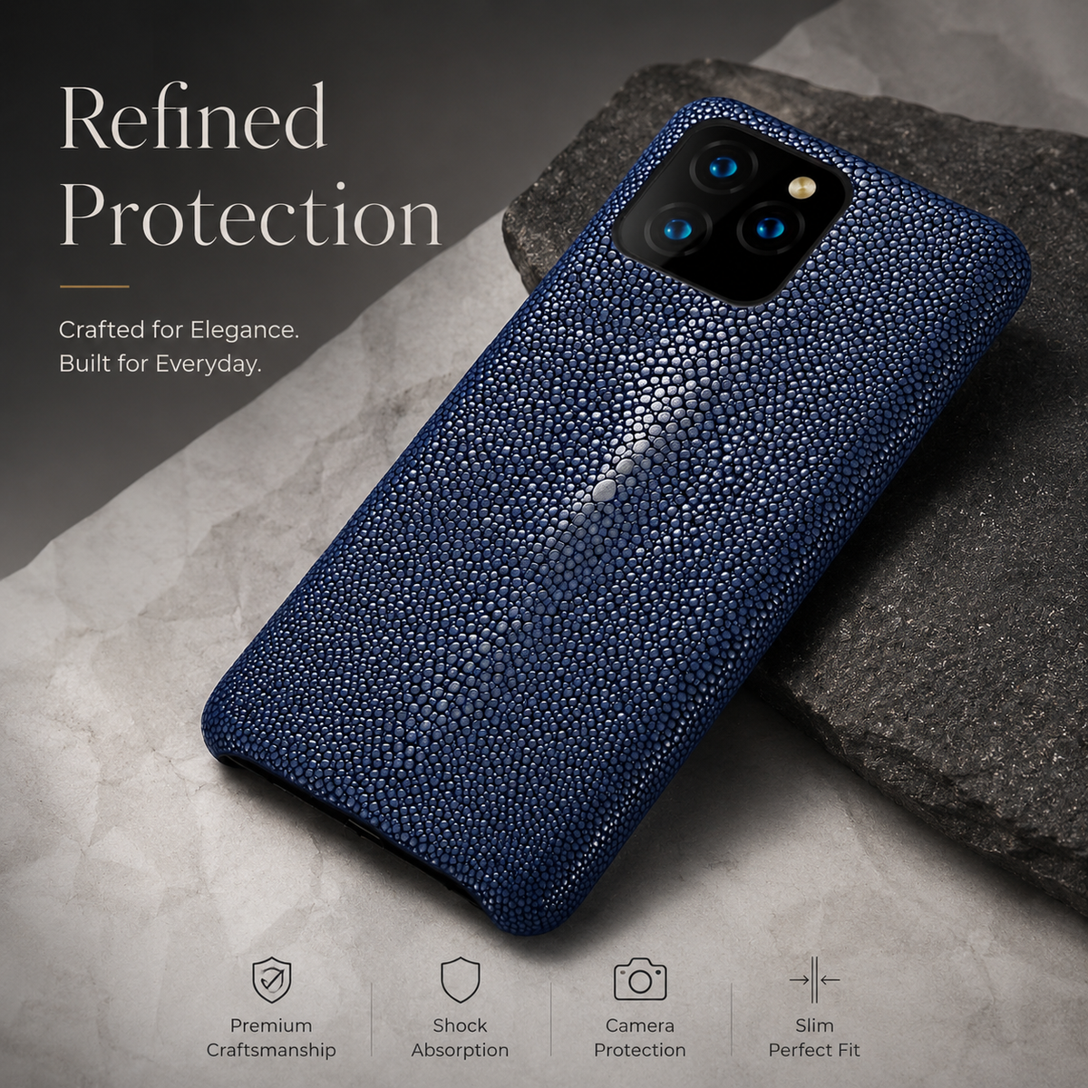 Premium iPhone Case Genuine Stingray Leather Shockproof Protective Cover Anti Fingerprint Anti Scratch Dustproof Non Slip Slim Lightweight Handmade