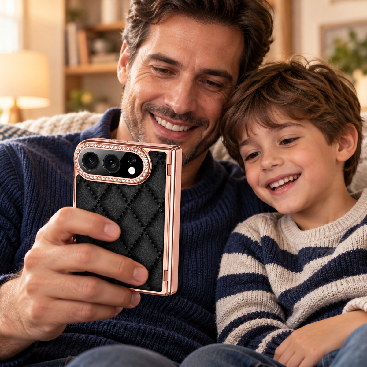 Premium iPhone Case Golden Glitter Diamond Leather Hinge Glass Screen Protector Shockproof PC Foldable Anti Scratch Non Slip Protective Flip Cover Case