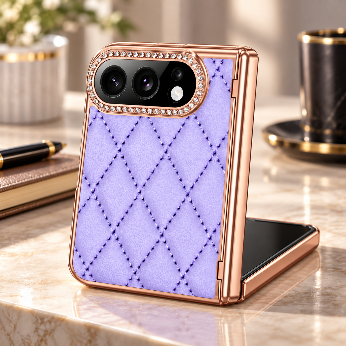 Premium iPhone Case Golden Glitter Diamond Leather Hinge Glass Screen Protector Shockproof PC Foldable Anti Scratch Non Slip Protective Flip Cover Case