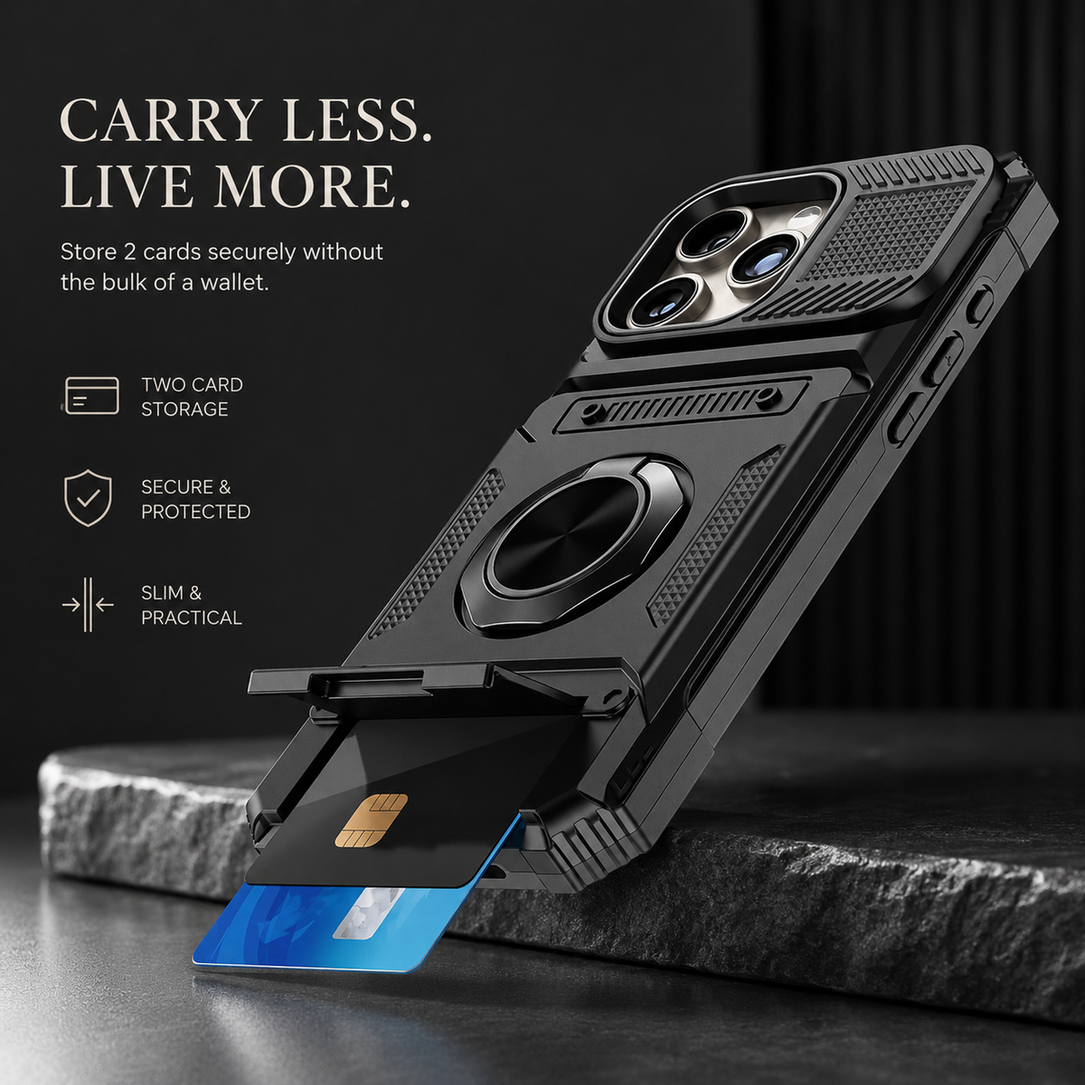 Premium iPhone Case Heavy Duty Magnetic Wallet Hidden Card Slot Rotating Ring Kickstand Shockproof PC TPU Anti Scratch Tough Protective Armor Cover