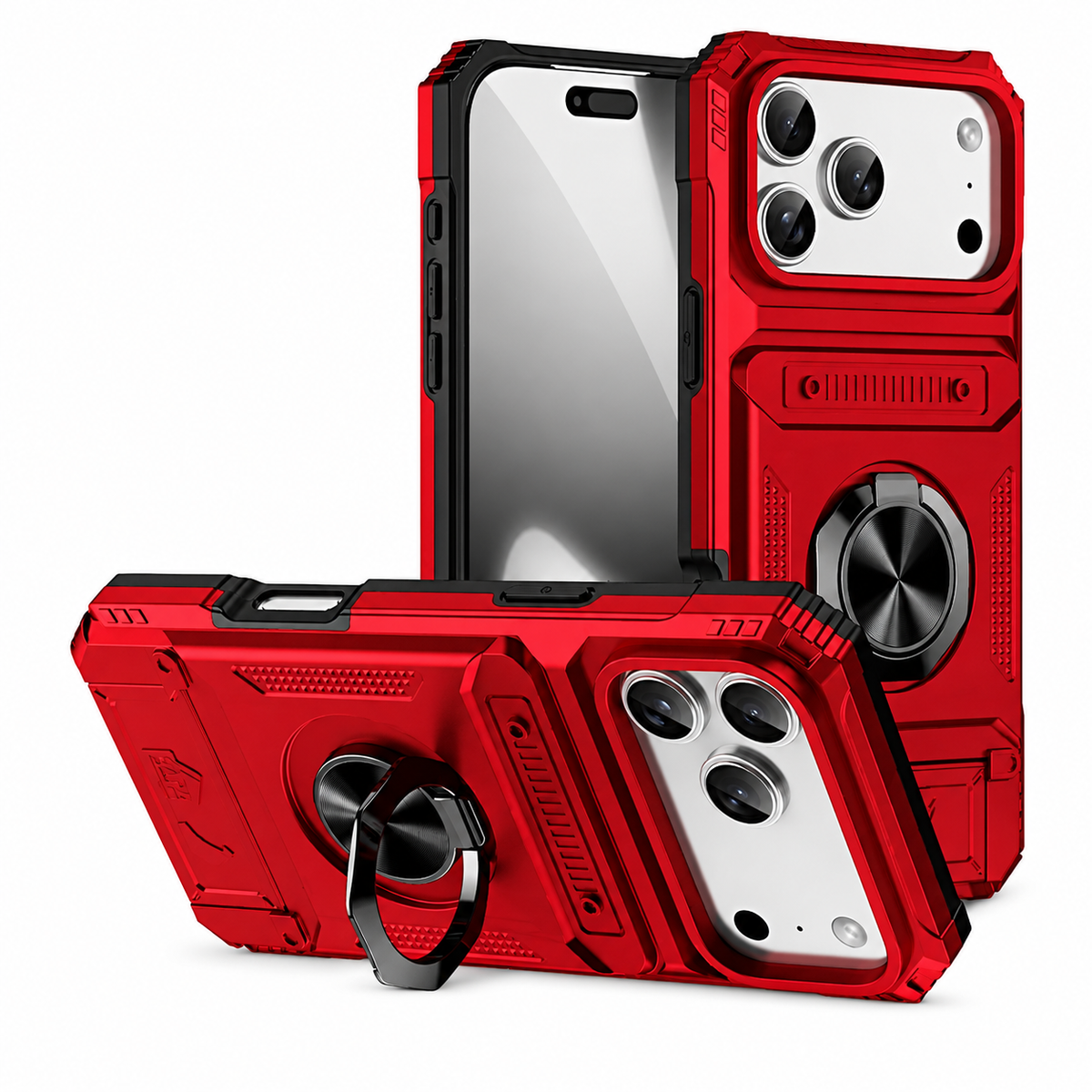 Premium iPhone Case Heavy Duty Magnetic Wallet Hidden Card Slot Rotating Ring Kickstand Shockproof PC TPU Anti Scratch Tough Protective Armor Cover