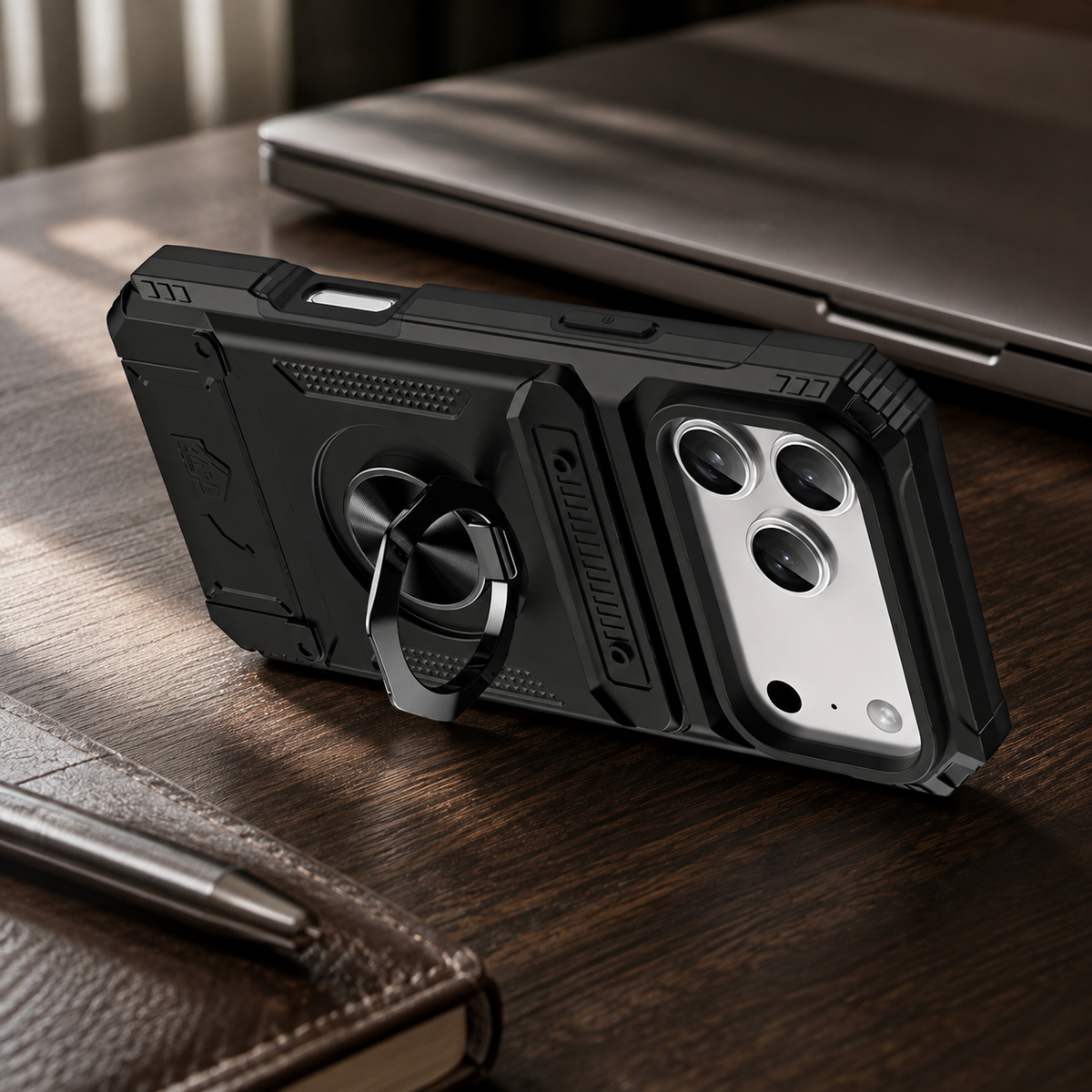 Premium iPhone Case Heavy Duty Magnetic Wallet Hidden Card Slot Rotating Ring Kickstand Shockproof PC TPU Anti Scratch Tough Protective Armor Cover