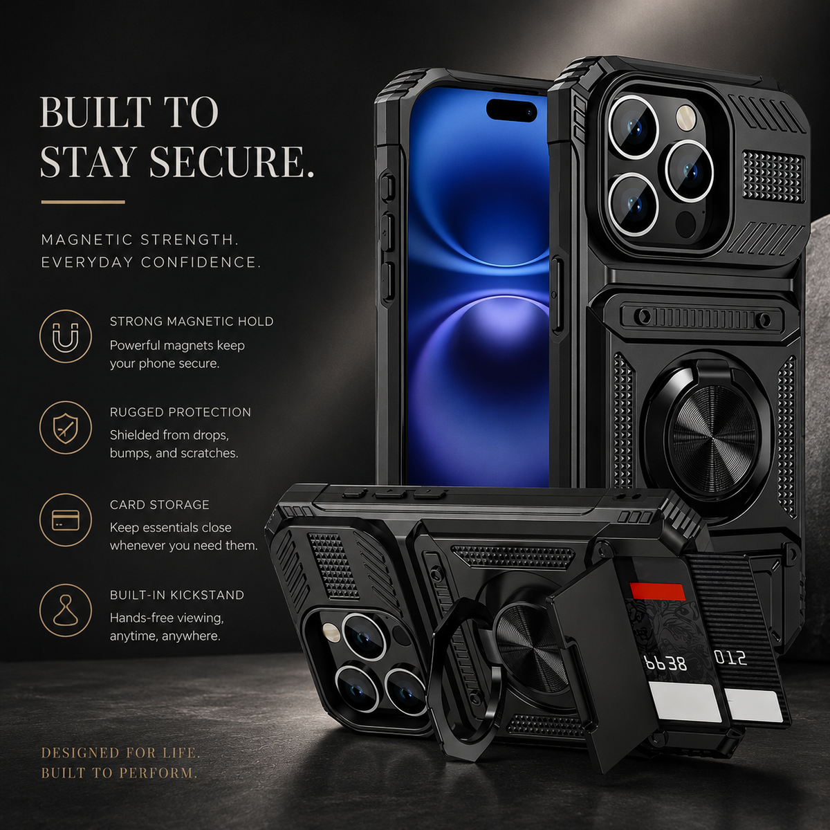 Premium iPhone Case Heavy Duty Magnetic Wallet Hidden Card Slot Rotating Ring Kickstand Shockproof PC TPU Anti Scratch Tough Protective Armor Cover