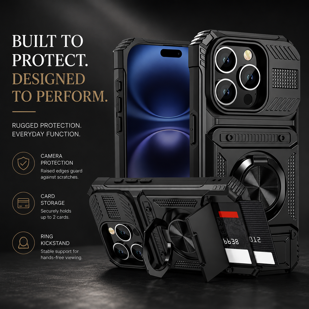 Premium iPhone Case Heavy Duty Magnetic Wallet Hidden Card Slot Rotating Ring Kickstand Shockproof PC TPU Anti Scratch Tough Protective Armor Cover