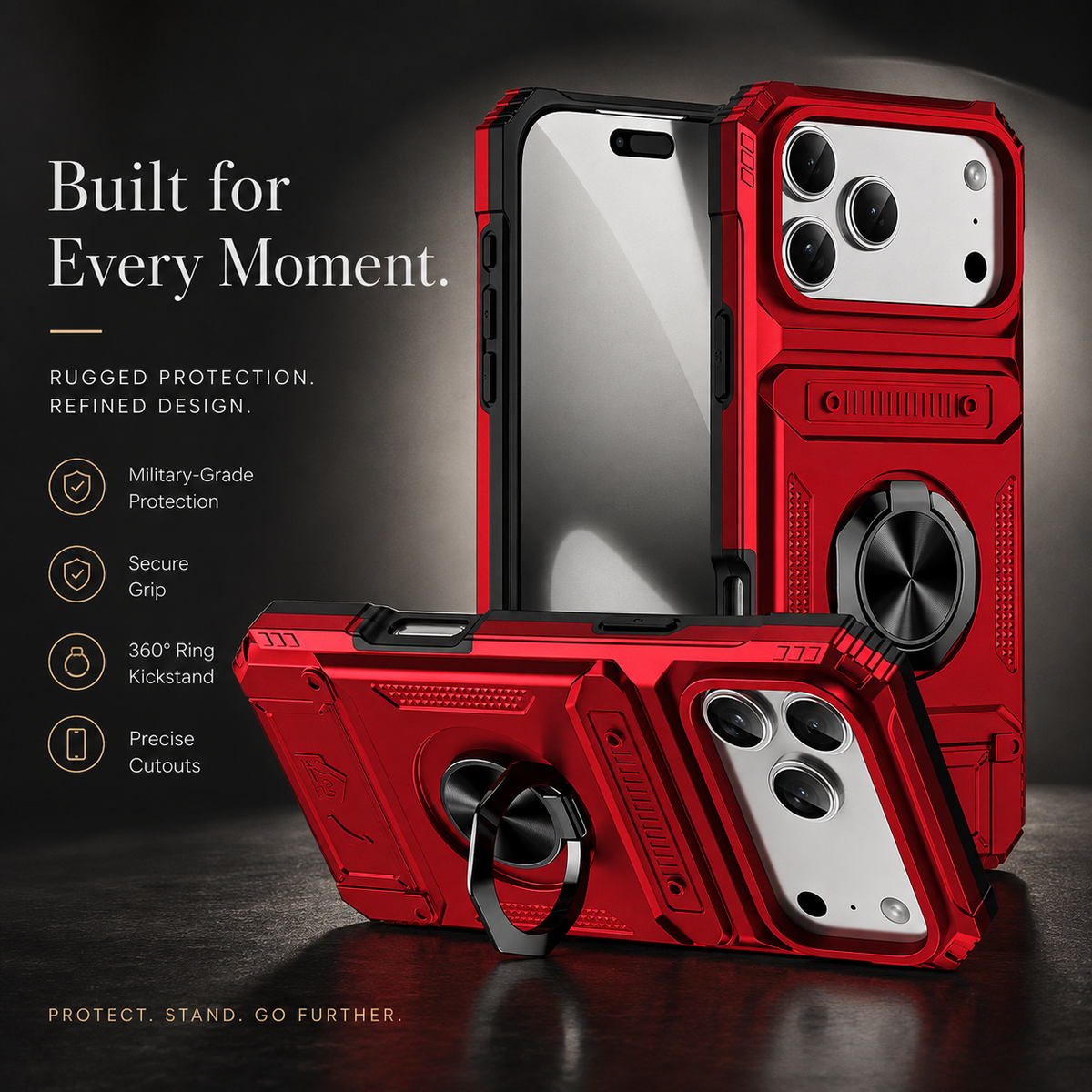 Premium iPhone Case Heavy Duty Magnetic Wallet Hidden Card Slot Rotating Ring Kickstand Shockproof PC TPU Anti Scratch Tough Protective Armor Cover