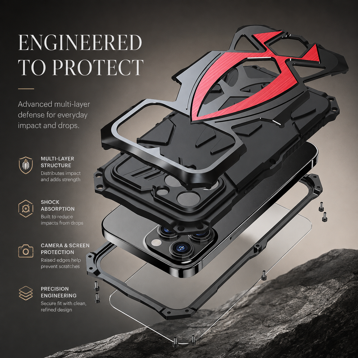 Premium iPhone Case Heavy Duty Metal Armor Shockproof Full Coverage Protective Cover Dual Layer Anti Scratch Matte Non Slip Tough Reinforced Defender Bumper