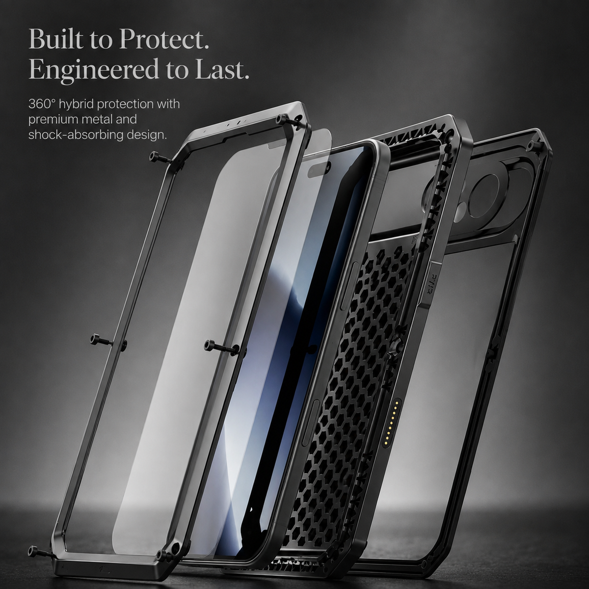 Premium iPhone Case Heavy Duty Metal Armor Shockproof Protective Cover Built In Glass Screen Protector PC TPU Anti Slip Reinforced Full Body Rugged