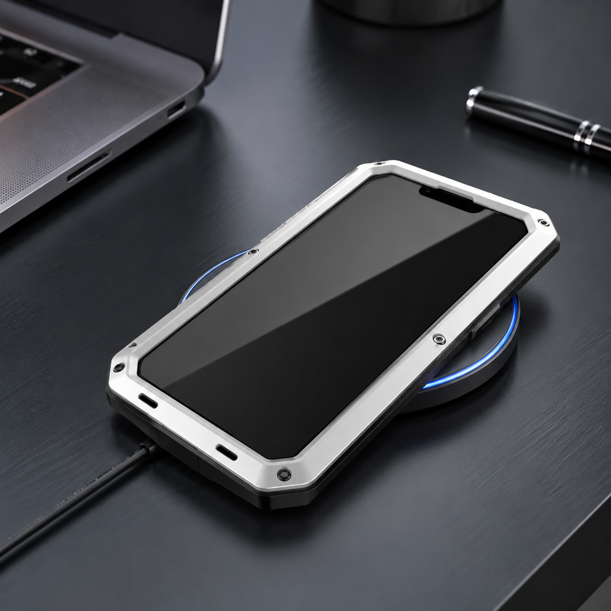 Premium iPhone Case Heavy Duty Metal Armor Shockproof Protective Cover Built In Glass Screen Protector PC TPU Anti Slip Reinforced Full Body Rugged