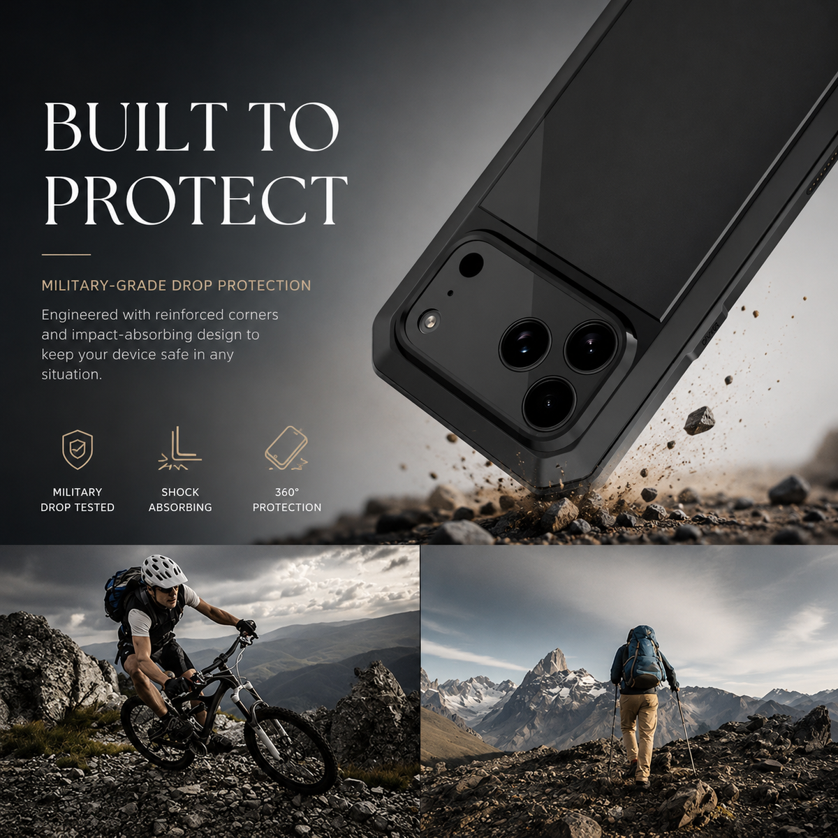 Premium iPhone Case Heavy Duty Metal Armor Shockproof Protective Cover Built In Glass Screen Protector PC TPU Anti Slip Reinforced Full Body Rugged