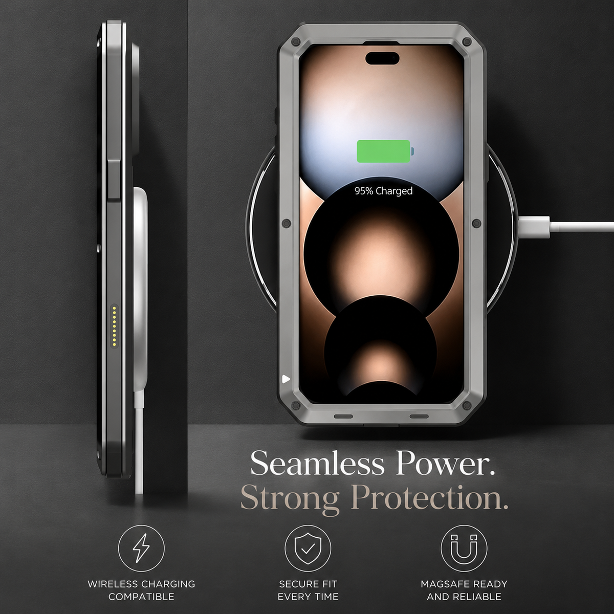 Premium iPhone Case Heavy Duty Metal Armor Shockproof Protective Cover Built In Glass Screen Protector PC TPU Anti Slip Reinforced Full Body Rugged