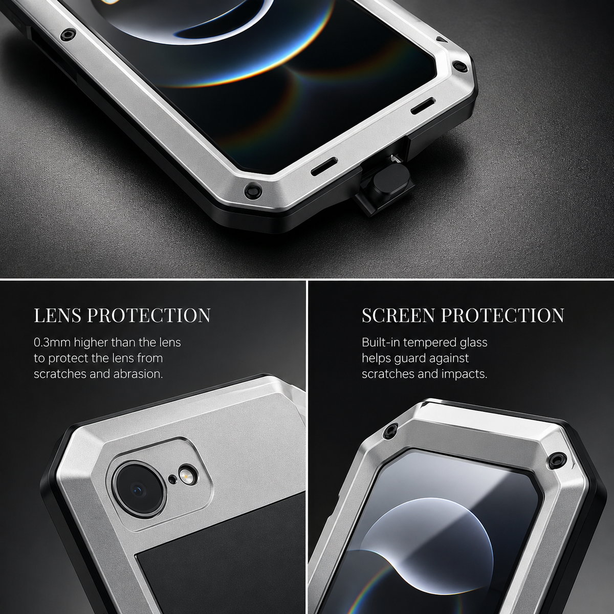 Premium iPhone Case Heavy Duty Metal Armor Shockproof Protective Cover Built In Glass Screen Protector PC TPU Anti Slip Reinforced Full Body Rugged