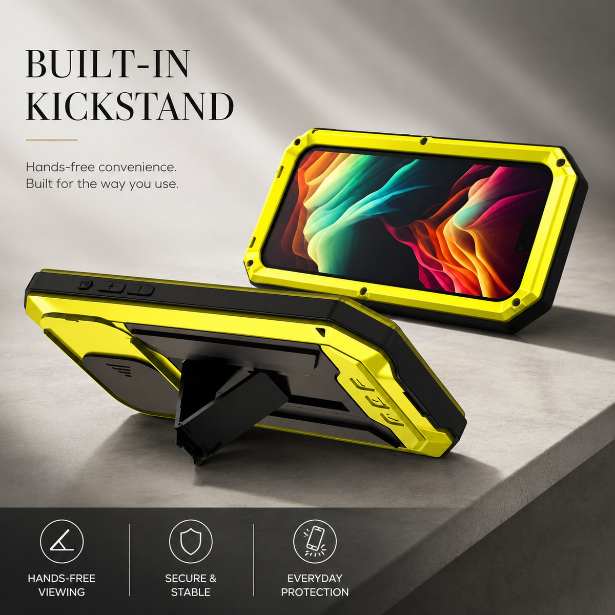 Premium iPhone Case Heavy Duty Metal Armor Shockproof Protective Cover Screen Protector Sliding Camera Guard Kickstand Full Body Anti Slip Reinforced