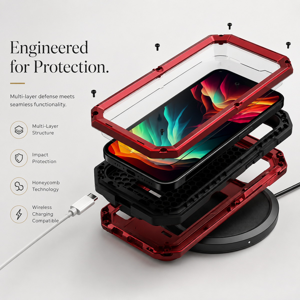 Premium iPhone Case Heavy Duty Metal Armor Shockproof Protective Cover Screen Protector Sliding Camera Guard Kickstand Full Body Anti Slip Reinforced