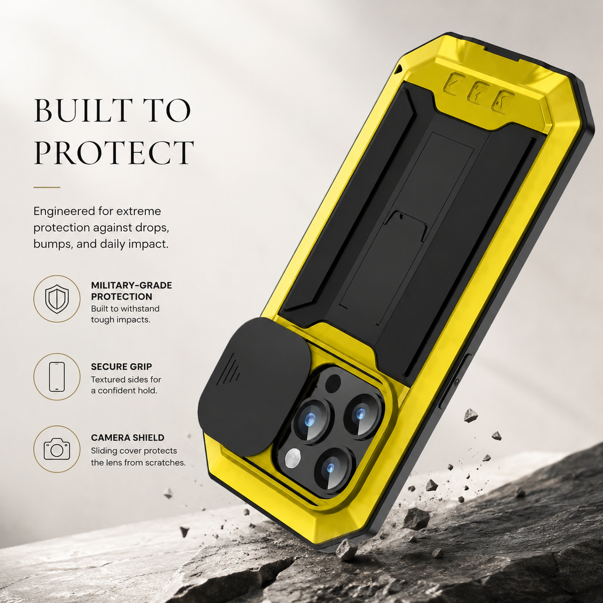 Premium iPhone Case Heavy Duty Metal Armor Shockproof Protective Cover Screen Protector Sliding Camera Guard Kickstand Full Body Anti Slip Reinforced