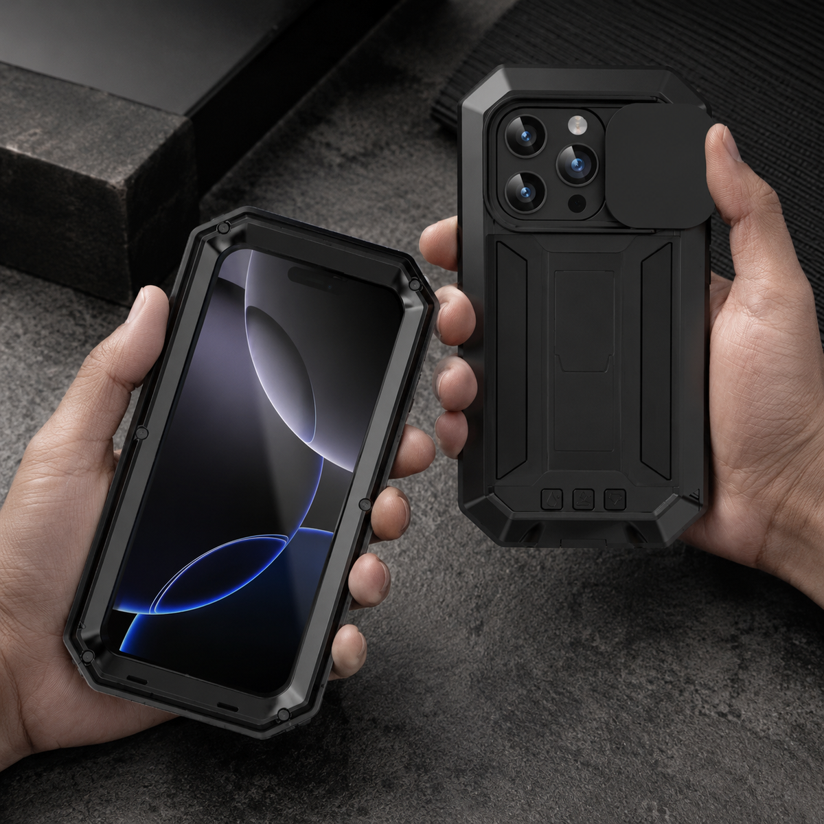 Premium iPhone Case Heavy Duty Metal Armor Shockproof Protective Cover Screen Protector Sliding Camera Guard Kickstand Full Body Anti Slip Reinforced