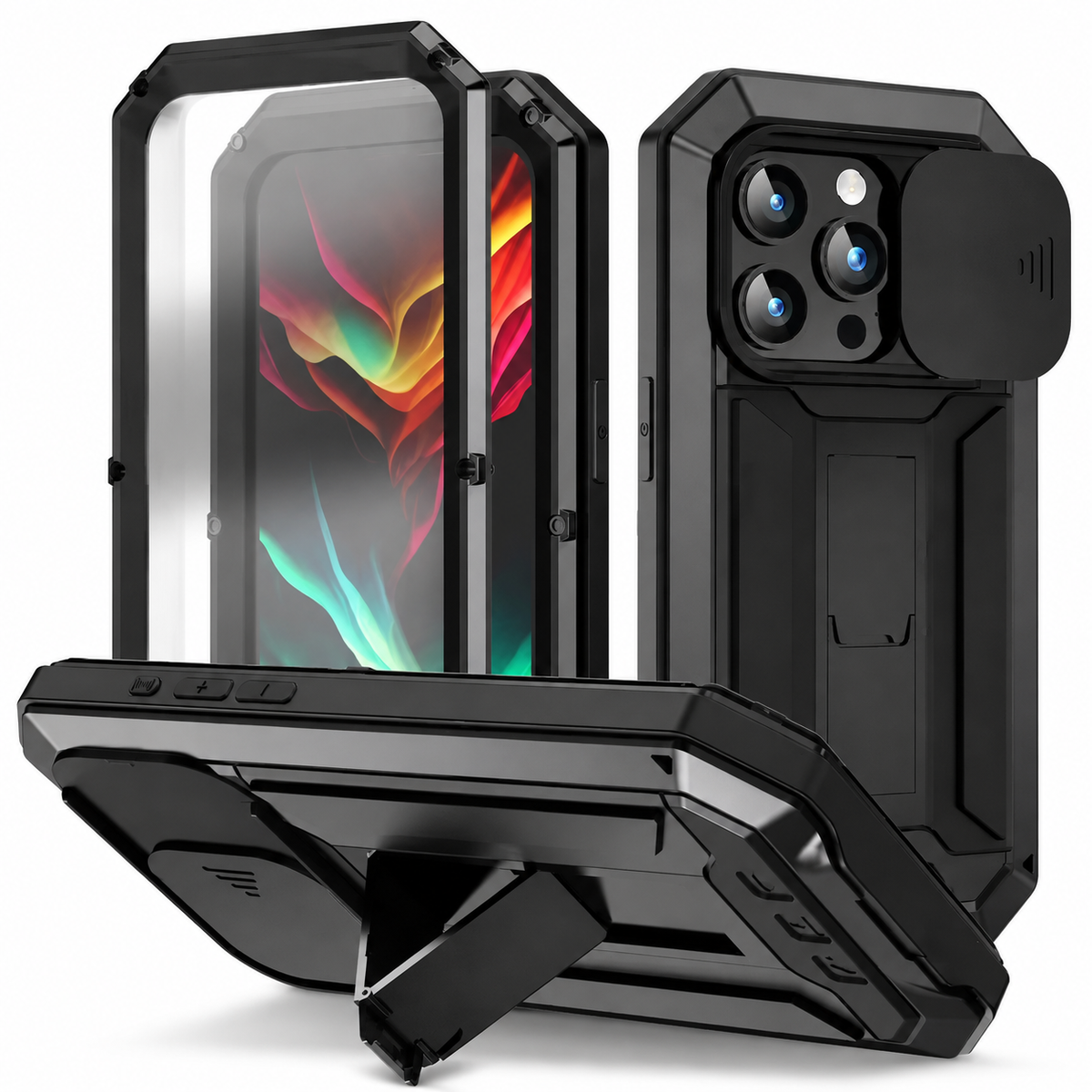 Premium iPhone Case Heavy Duty Metal Armor Shockproof Protective Cover Screen Protector Sliding Camera Guard Kickstand Full Body Anti Slip Reinforced