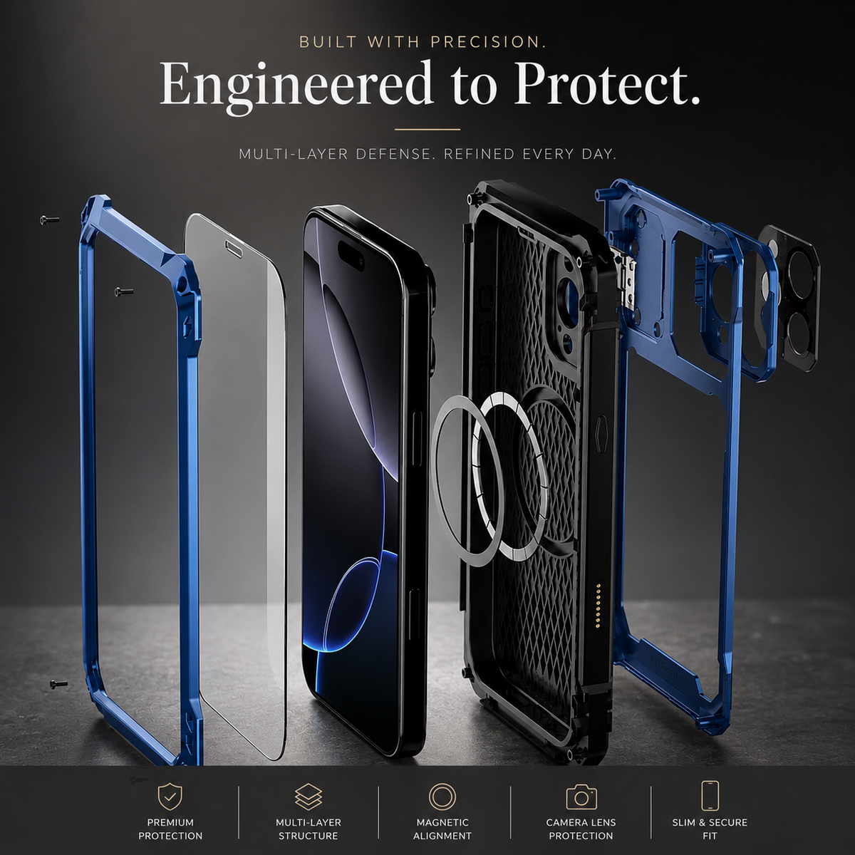 Premium iPhone Case Heavy Duty Metal MagSafe Cover Military Grade Shockproof Aluminum Bumper Camera Guard Kickstand Full Protection Rugged Design