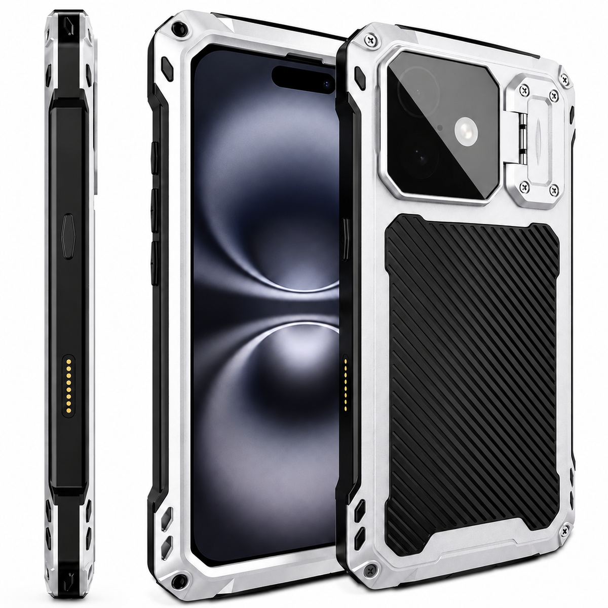 Premium iPhone Case Heavy Duty Metal MagSafe Cover Military Grade Shockproof Aluminum Bumper Camera Guard Kickstand Full Protection Rugged Design