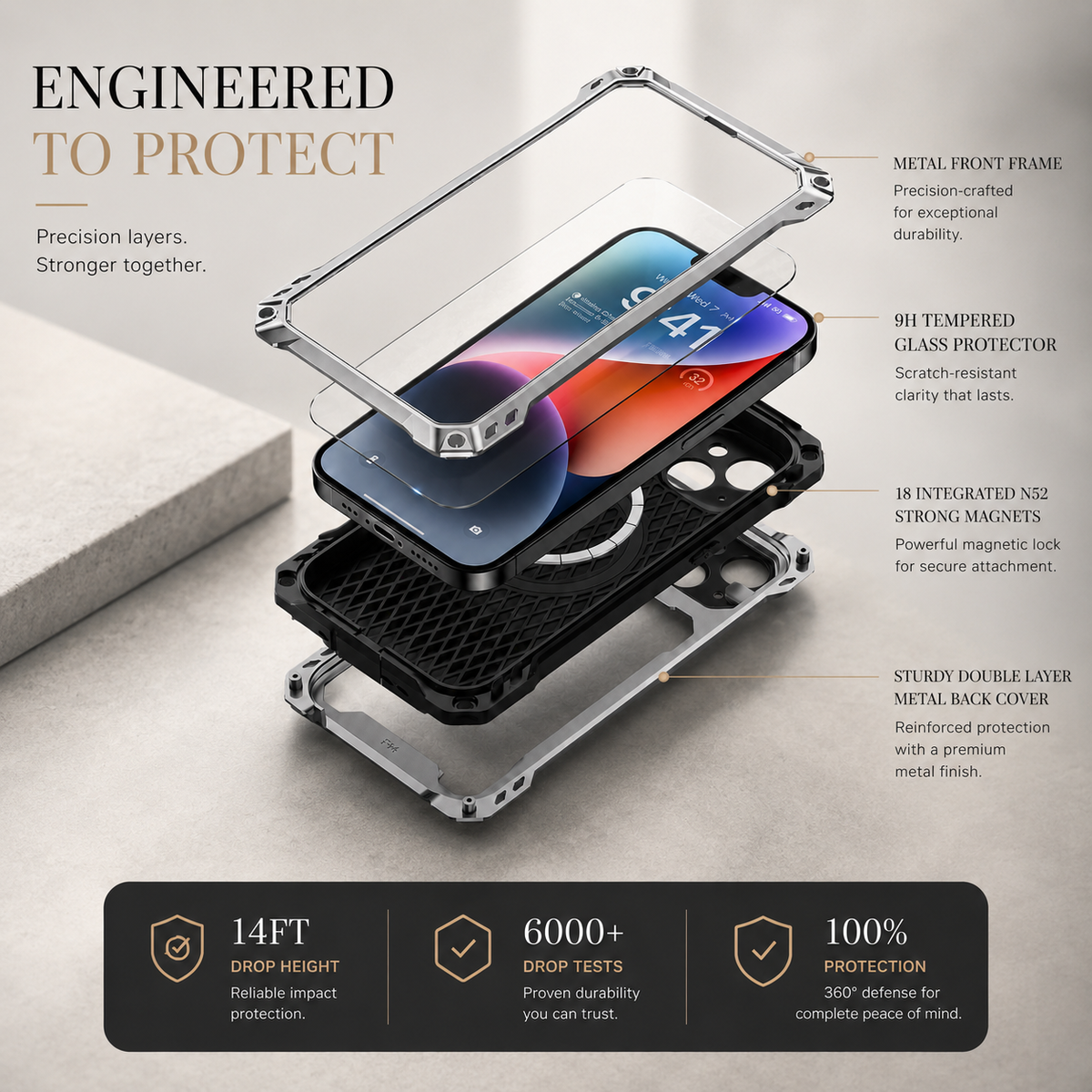 Premium iPhone Case Heavy Duty Metal MagSafe Cover Military Grade Shockproof Aluminum Bumper Camera Guard Kickstand Full Protection Rugged Design
