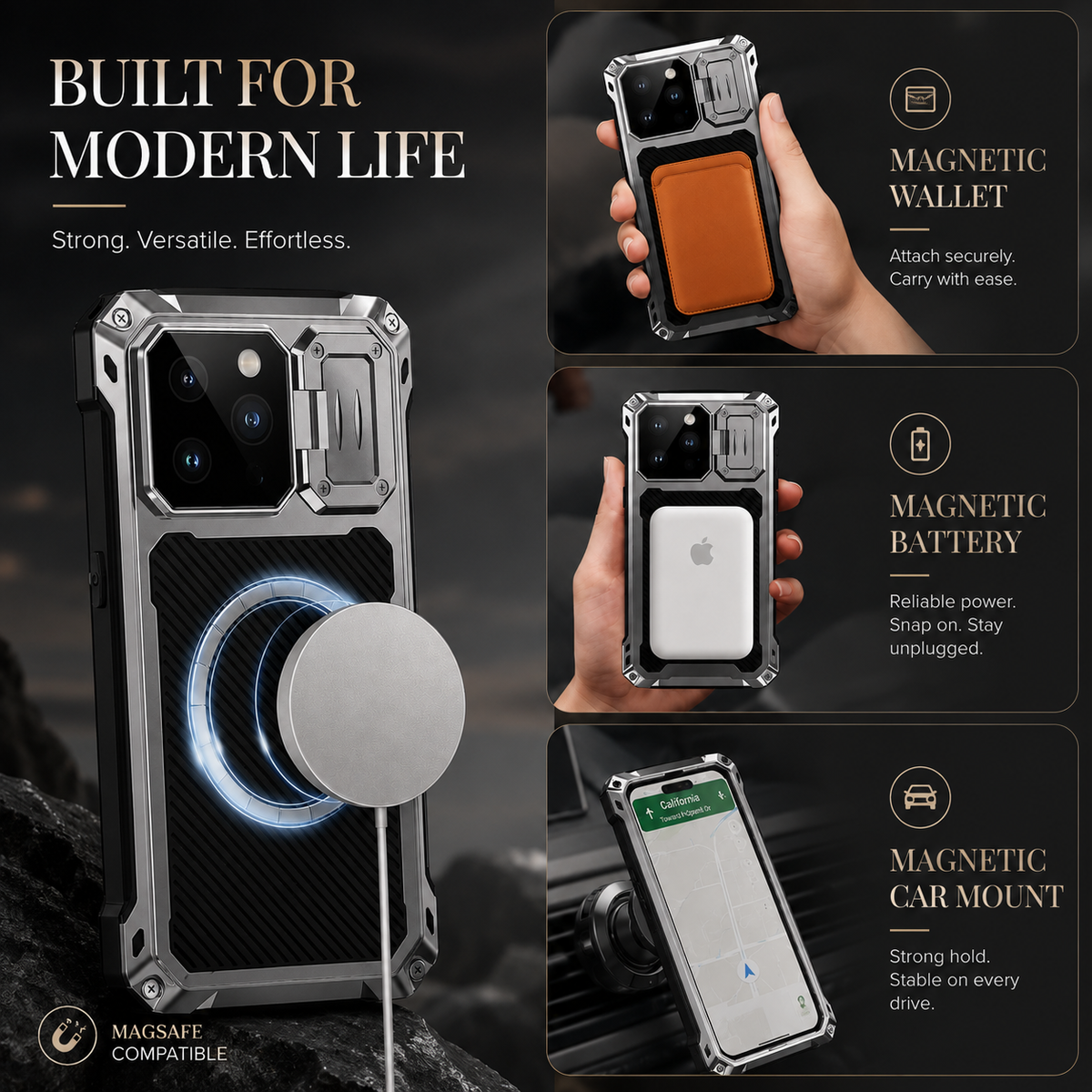 Premium iPhone Case Heavy Duty Metal MagSafe Cover Military Grade Shockproof Aluminum Bumper Camera Guard Kickstand Full Protection Rugged Design