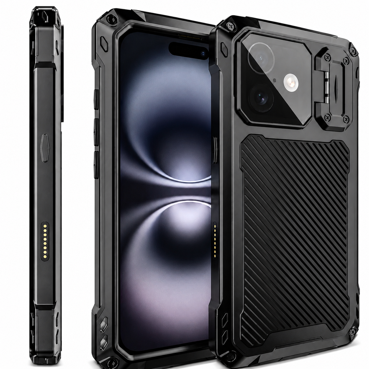 Premium iPhone Case Heavy Duty Metal MagSafe Cover Military Grade Shockproof Aluminum Bumper Camera Guard Kickstand Full Protection Rugged Design