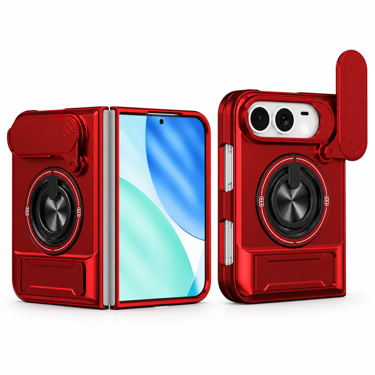 Premium iPhone Case Heavy Duty Rugged Armor Magnetic Ring Stand Slide Camera Protector Shockproof PC TPU Dual Layer Foldable Protective Cover Case