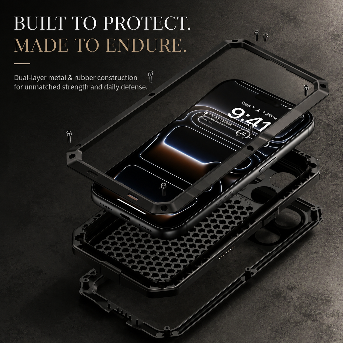Premium iPhone Case Heavy Duty Rugged Shockproof Protective Cover Metal Armor Glass Screen Protector PC TPU Anti Slip Reinforced Full Body Protection