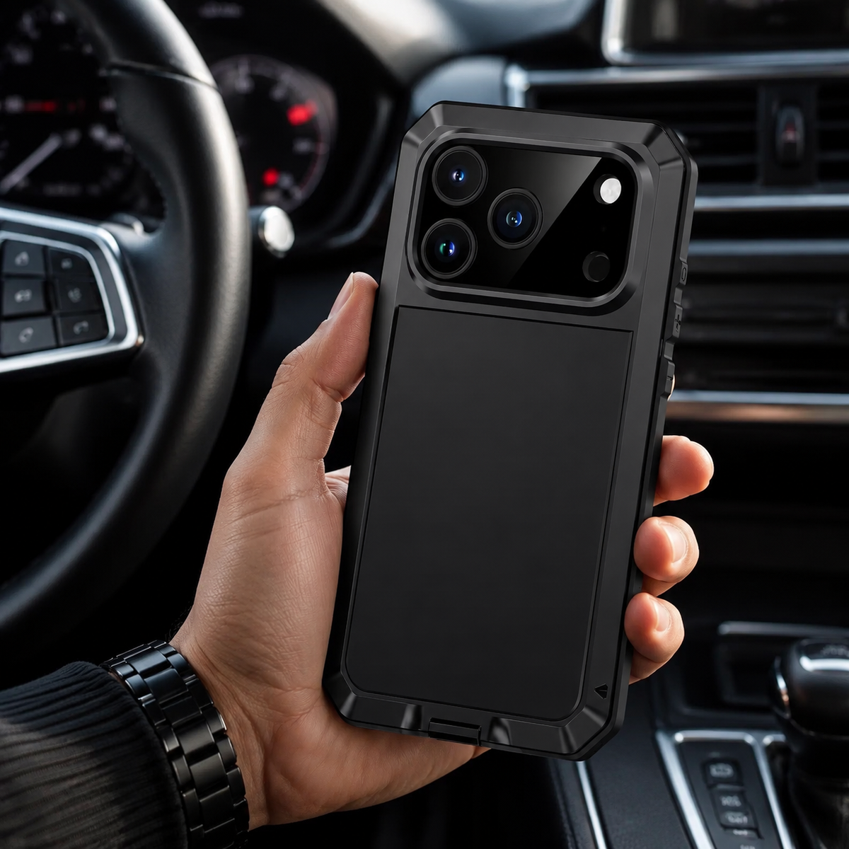 Premium iPhone Case Heavy Duty Rugged Shockproof Protective Cover Metal Armor Glass Screen Protector PC TPU Anti Slip Reinforced Full Body Protection