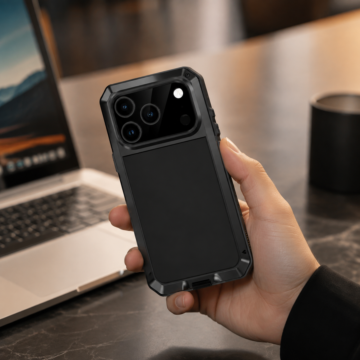 Premium iPhone Case Heavy Duty Rugged Shockproof Protective Cover Metal Armor Glass Screen Protector PC TPU Anti Slip Reinforced Full Body Protection