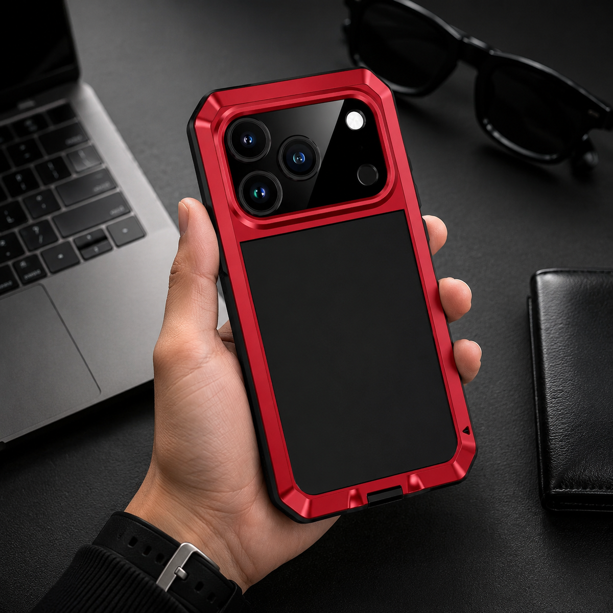 Premium iPhone Case Heavy Duty Rugged Shockproof Protective Cover Metal Armor Glass Screen Protector PC TPU Anti Slip Reinforced Full Body Protection
