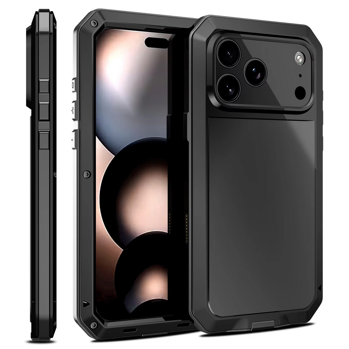 Premium iPhone Case Heavy Duty Rugged Shockproof Protective Cover Metal Armor Glass Screen Protector PC TPU Anti Slip Reinforced Full Body Protection