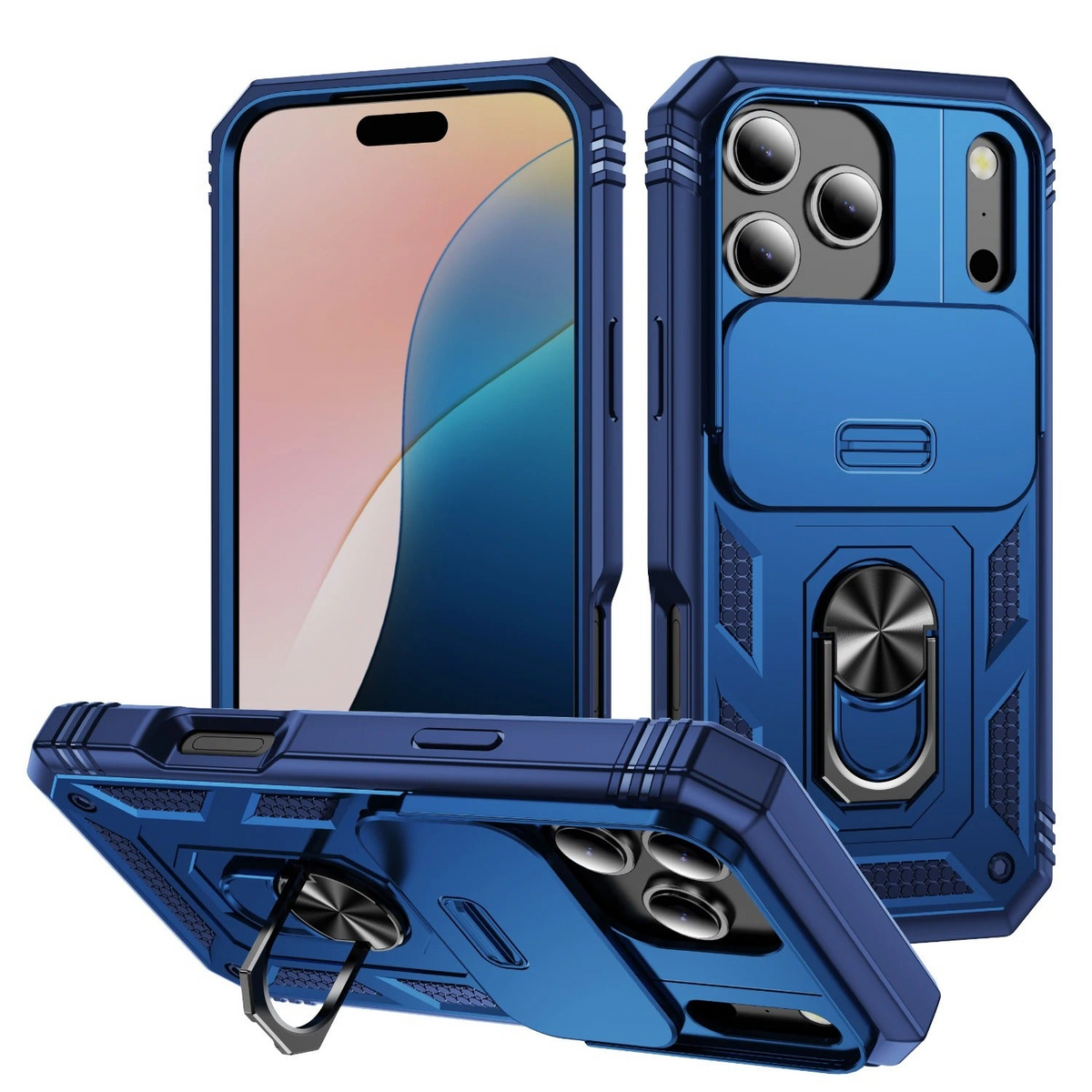 Premium iPhone Case Heavy Duty Shockproof Protective Cover Sliding Camera Lens Protection Rotating Kickstand Anti Slip Rugged Full Back Reinforced