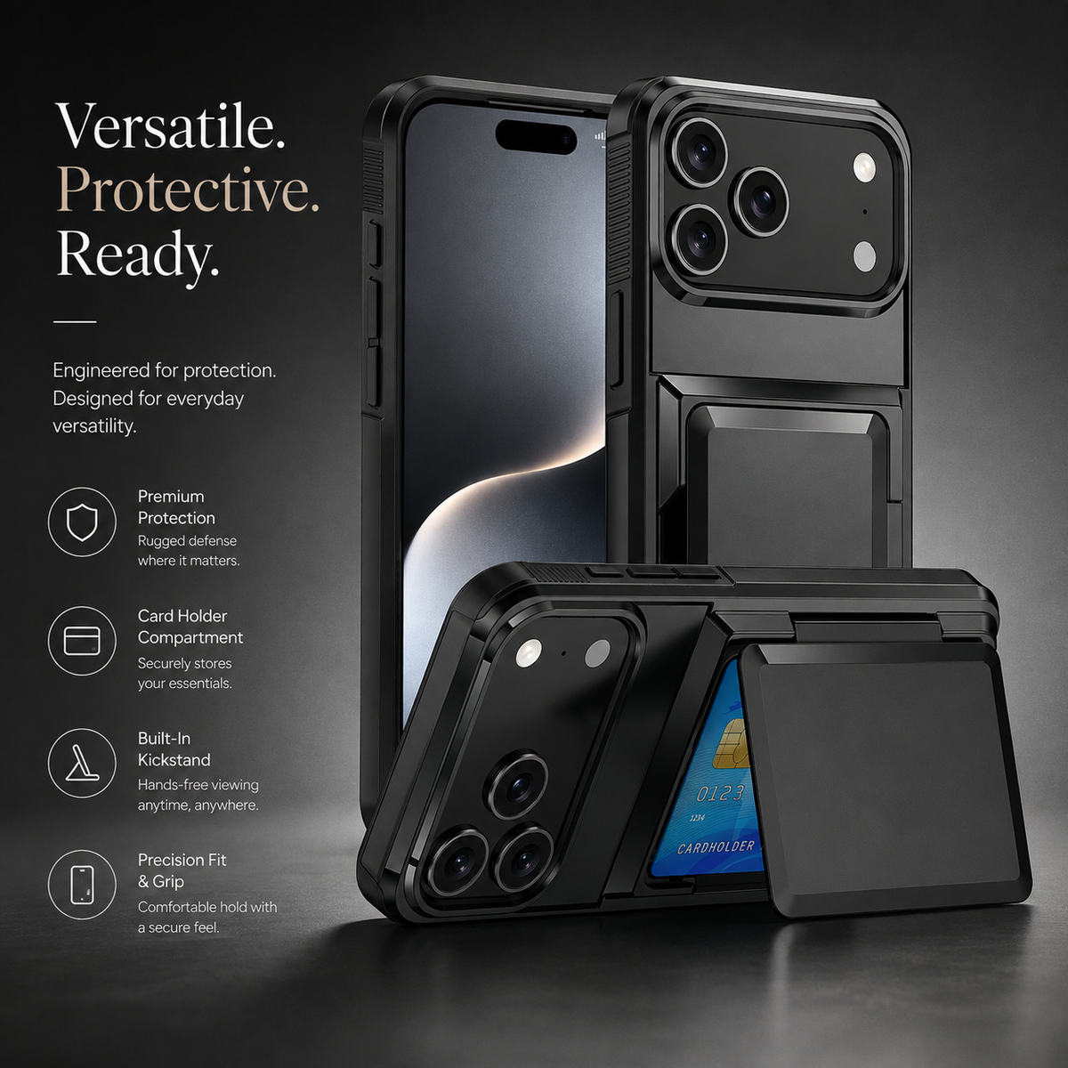 Premium iPhone Case Heavy Duty Wallet Card Holder Magnetic Shockproof Dual Layer PC Protective Cover Credit ID Storage Non Slip Reinforced Armor Case