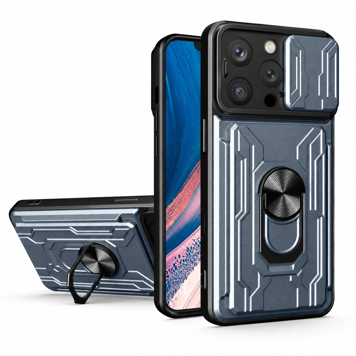 Premium iPhone Case Heavy Duty Wallet Card Holder Shockproof Armor Ring Kickstand Magnetic Mount Protective Cover PC TPU Anti Slip Reinforced Rugged
