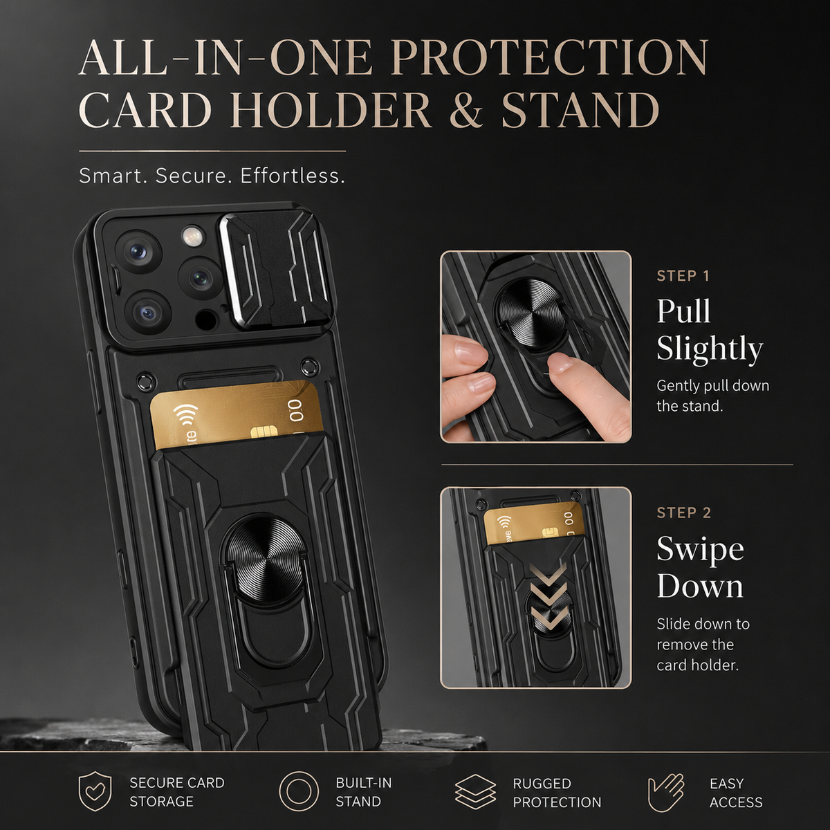 Premium iPhone Case Heavy Duty Wallet Card Holder Shockproof Armor Ring Kickstand Magnetic Mount Protective Cover PC TPU Anti Slip Reinforced Rugged