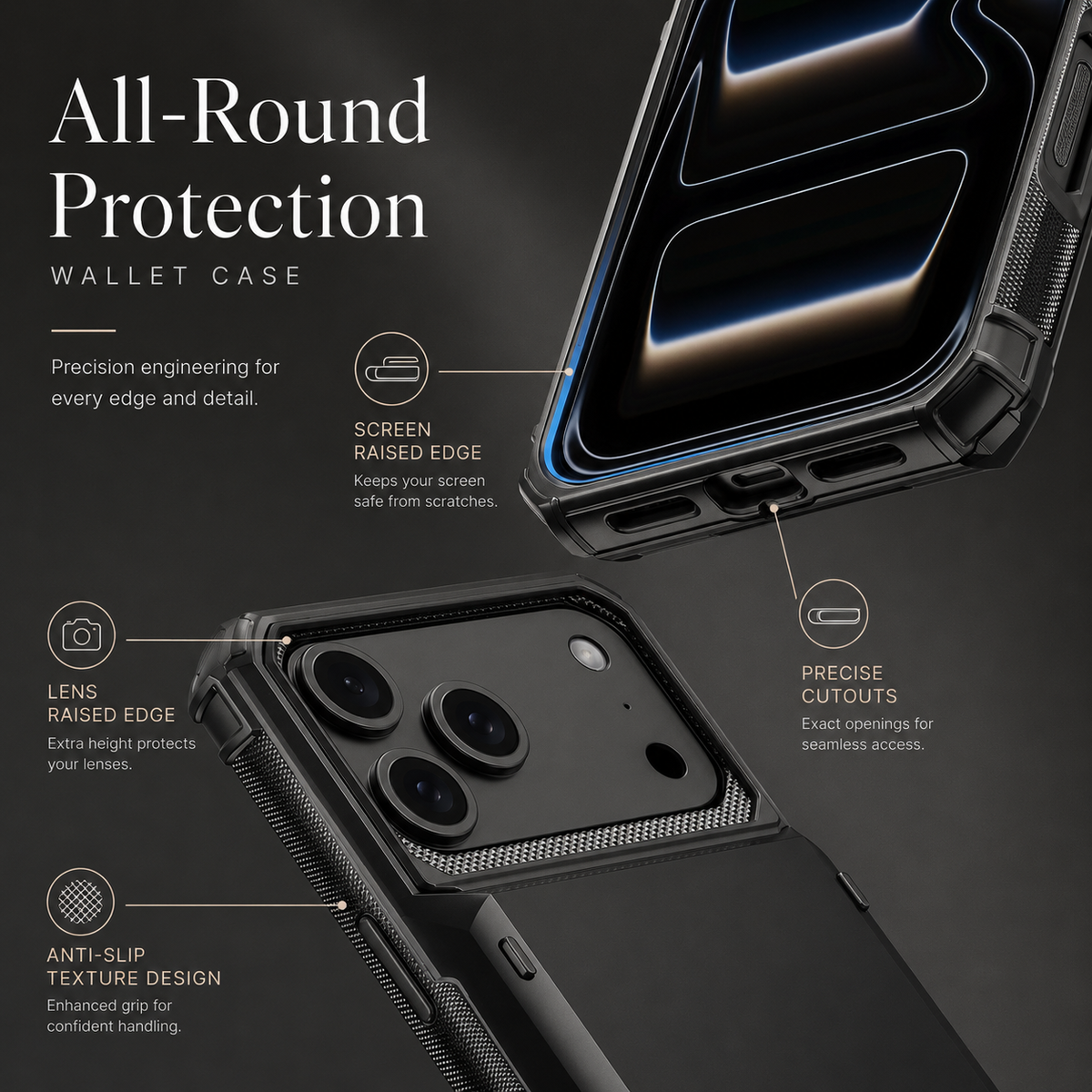 Premium iPhone Case Heavy Duty Wallet Hidden Card Slot Shockproof Dual Layer Hard Back Anti Scratch Anti Fingerprint Protective Armor Card Holder Cover