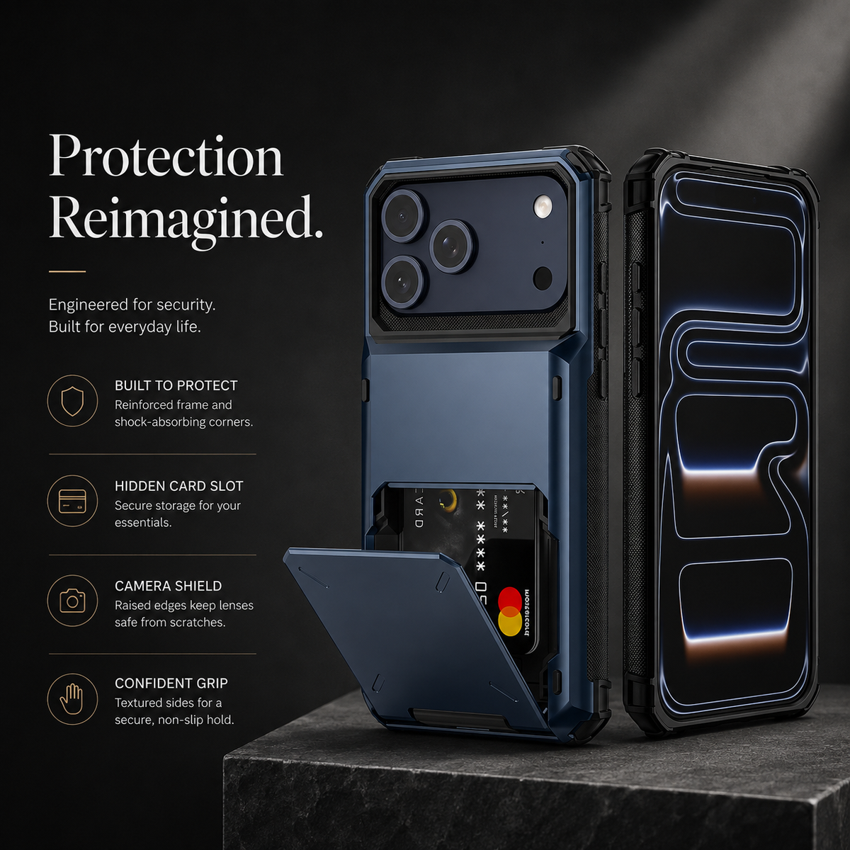 Premium iPhone Case Heavy Duty Wallet Hidden Card Slot Shockproof Dual Layer Hard Back Anti Scratch Anti Fingerprint Protective Armor Card Holder Cover