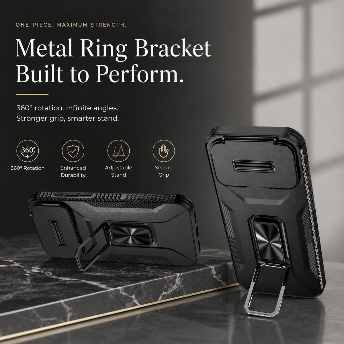 Premium iPhone Case Hybrid Armor Shockproof PC TPU Slide Camera Cover Magnetic Metal Ring Holder Kickstand Heavy Duty Protective Phone Case