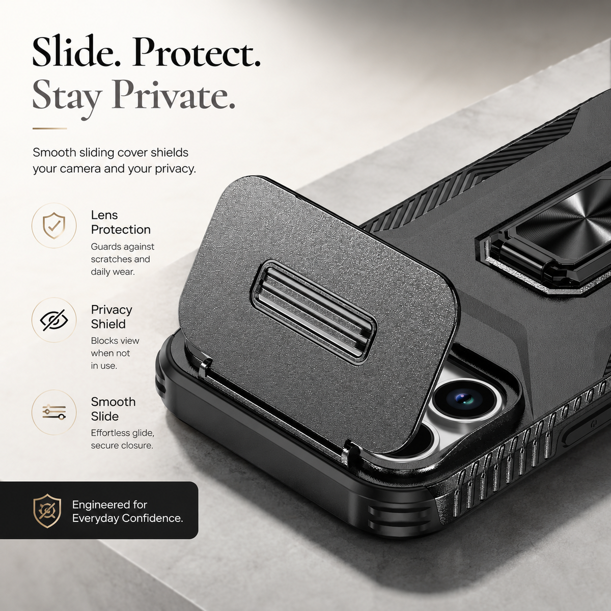 Premium iPhone Case Hybrid Armor Shockproof PC TPU Slide Camera Cover Magnetic Metal Ring Holder Kickstand Heavy Duty Protective Phone Case