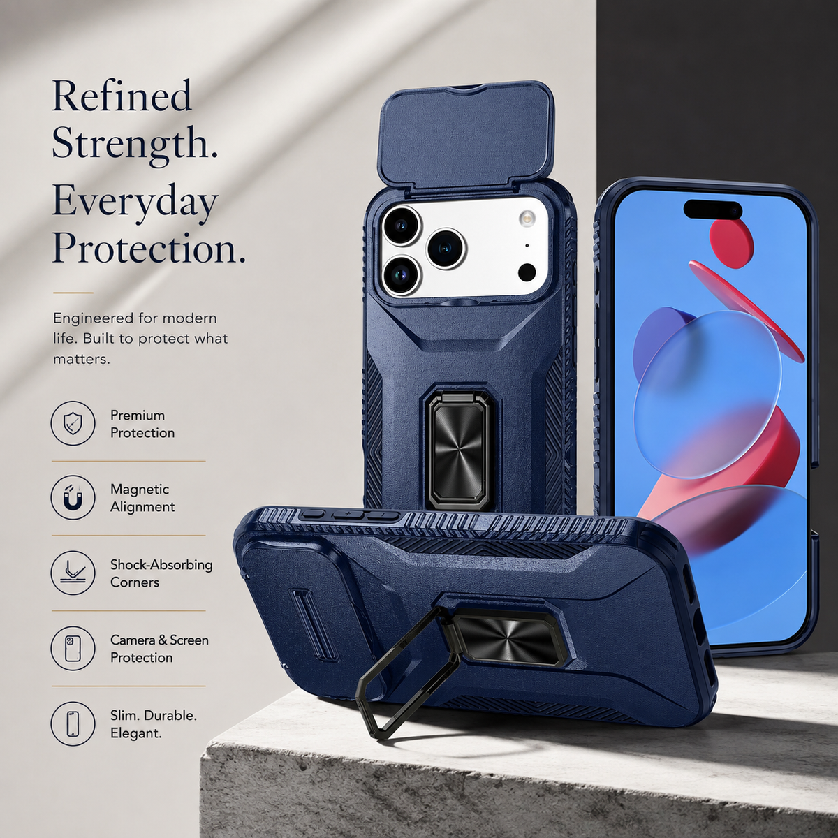 Premium iPhone Case Hybrid Armor Shockproof PC TPU Slide Camera Cover Magnetic Metal Ring Holder Kickstand Heavy Duty Protective Phone Case