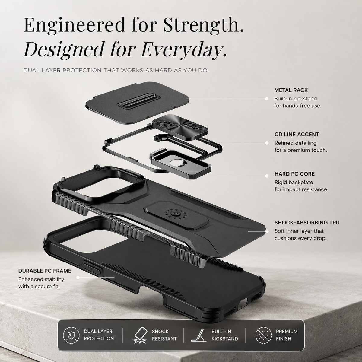 Premium iPhone Case Hybrid Armor Shockproof PC TPU Slide Camera Cover Magnetic Metal Ring Holder Kickstand Heavy Duty Protective Phone Case