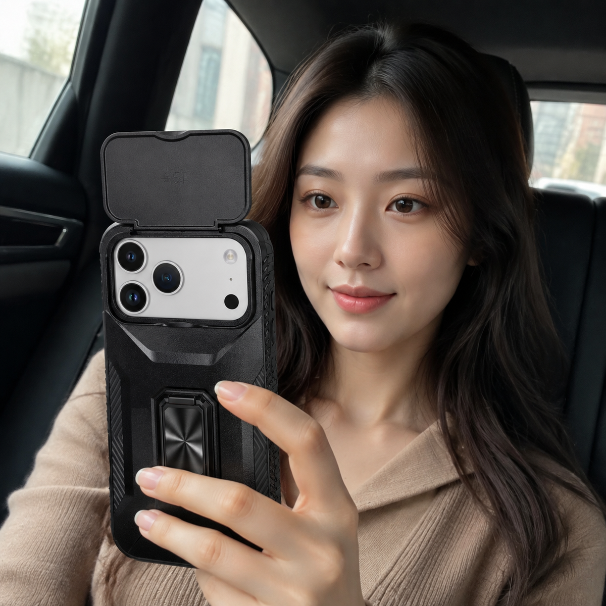 Premium iPhone Case Hybrid Armor Shockproof PC TPU Slide Camera Cover Magnetic Metal Ring Holder Kickstand Heavy Duty Protective Phone Case