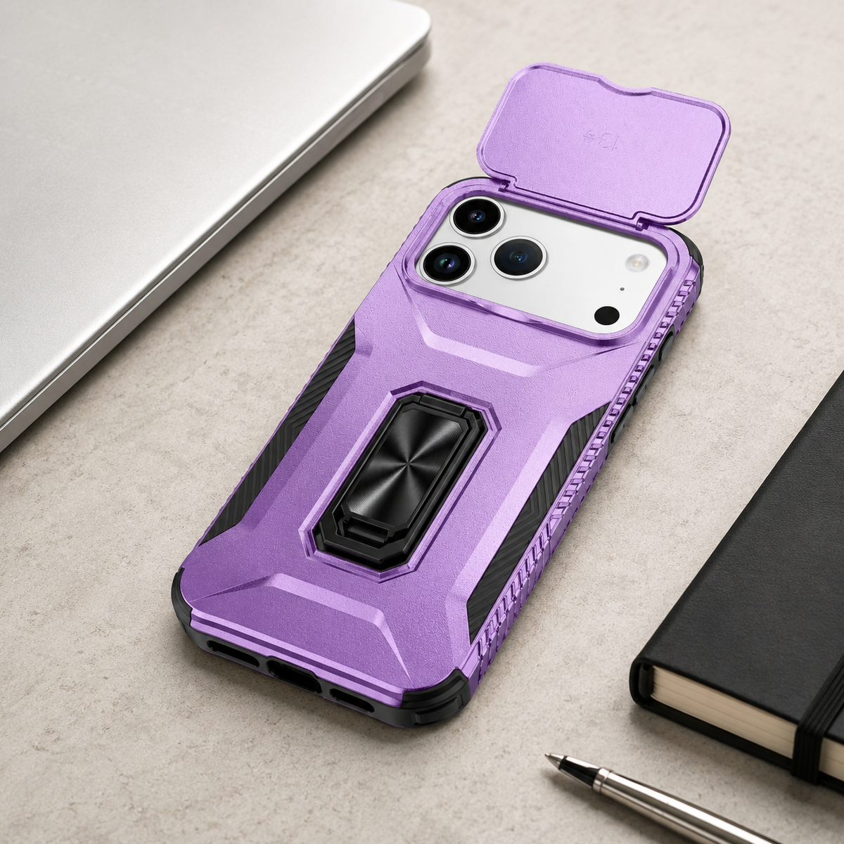 Premium iPhone Case Hybrid Armor Shockproof PC TPU Slide Camera Cover Magnetic Metal Ring Holder Kickstand Heavy Duty Protective Phone Case